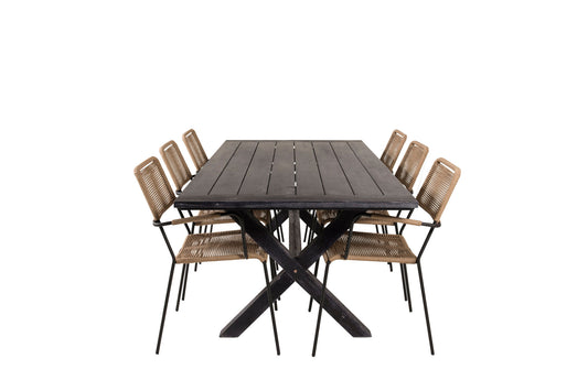 Rives - Spisebord, 200*100cm - Sort akacia+Lidos - Stol m. armlæn - Sort Alu / Latte Reb