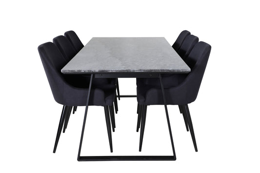 Estelle - Spisebord, 200*90*H76 - Sort+ Plaza Spisebordsstol - Sorte ben - Sort Stof
