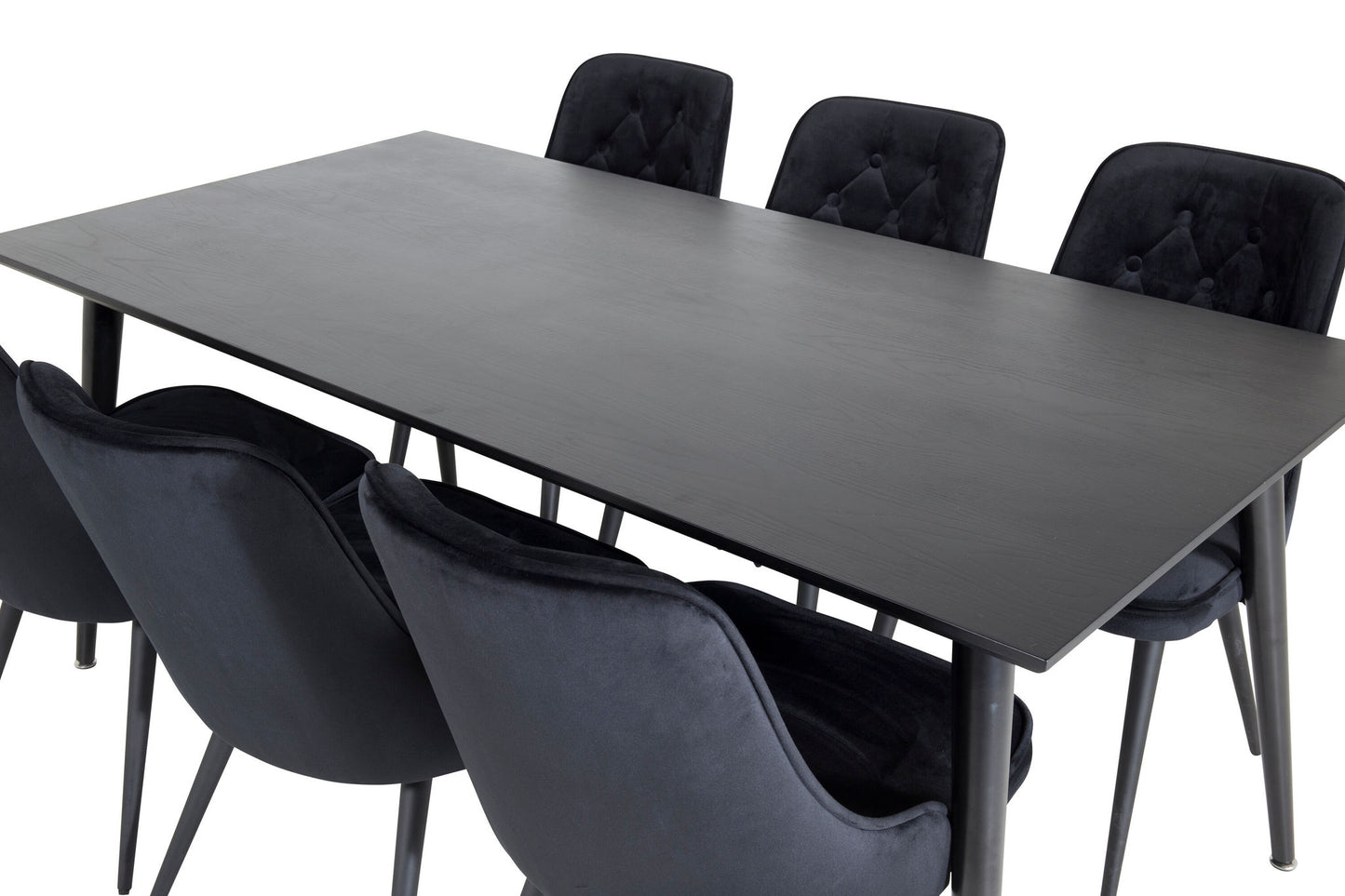 Dipp - Spisebord, 180*90cm - Sort finér / helt sorte ben + velour Deluxe Spisebordsstol - Sort