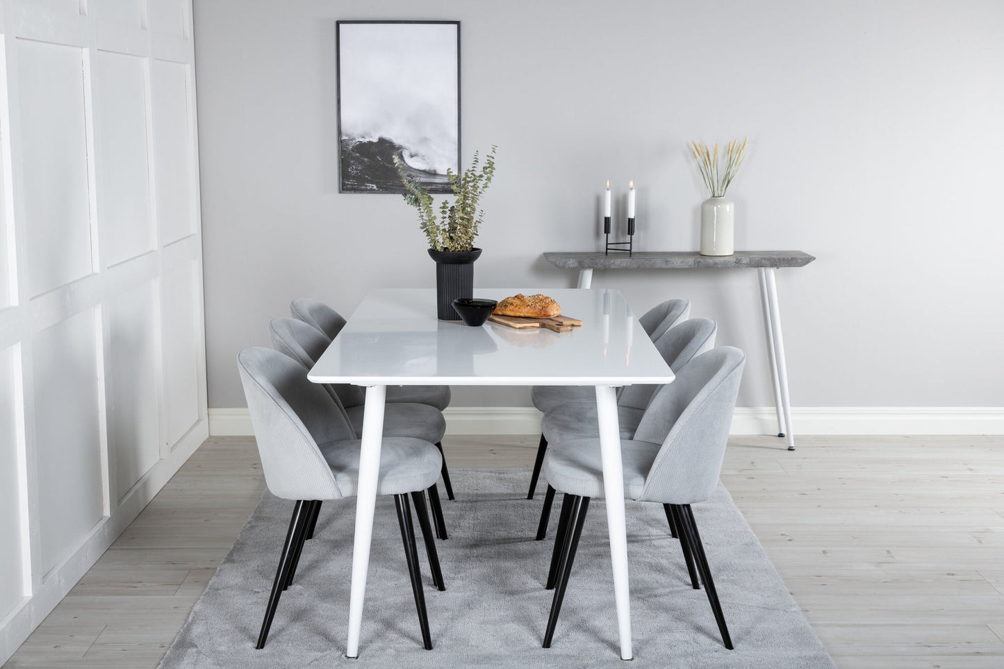 Polar Spisebord 180 cm - Hvid top / Hvide ben+ velour Spisebordsstol Corduroy - Lysegrå / Sort