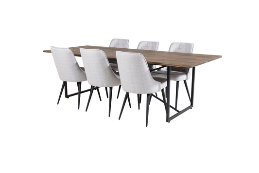Padang - Spisebord, 250*100*H76 - Mørk Teak / Sort+ velour Deluxe Spisebordsstol - Sorte ben - Lysegråt stof