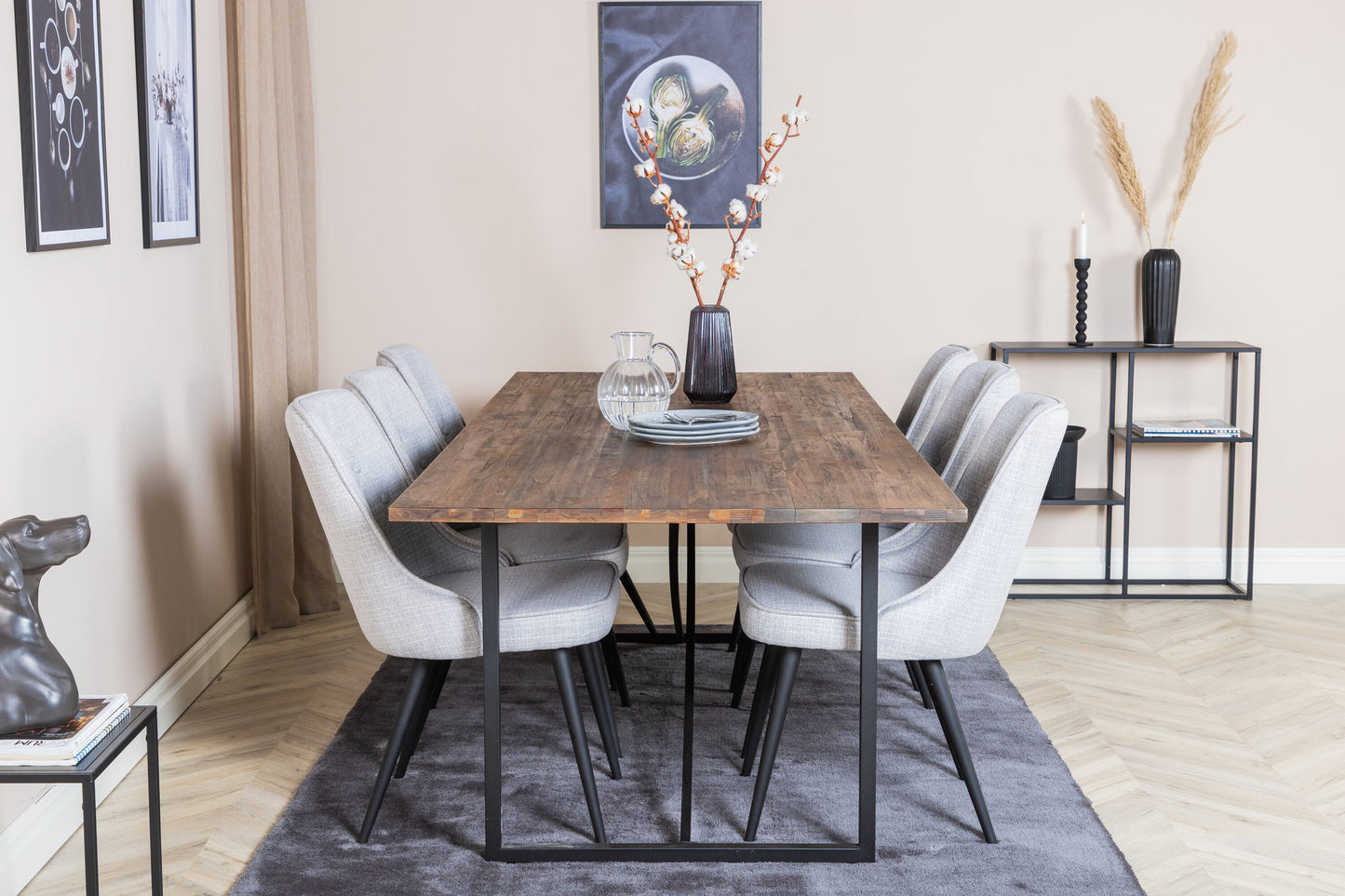 Padang - Spisebord, 250*100*H76 - Mørk Teak / Sort+ velour Deluxe Spisebordsstol - Sorte ben - Lysegråt stof