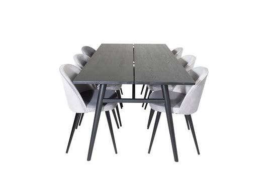 Sleek - Bord med forlængelse Sort Børstet - 195*95+ velour Spisebordsstol - Lysegrå / Sort