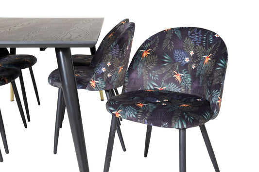 Dipp - Spisebord, 180*90cm - Sort Messing+ velour Spisebordsstol - Sort blomster stof