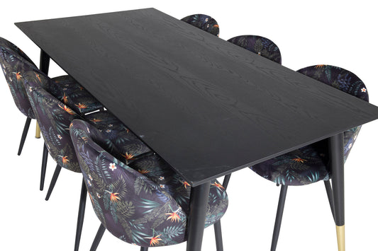 Dipp - Spisebord, 180*90cm - Sort Messing+ velour Spisebordsstol - Sort blomster stof