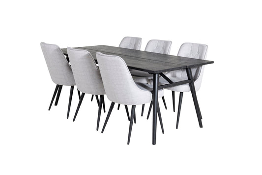 Sleek - Bord med forlængelse Sort Børstet - 195*95+ velour Deluxe Spisebordsstol - Sorte ben - Lysegråt stof