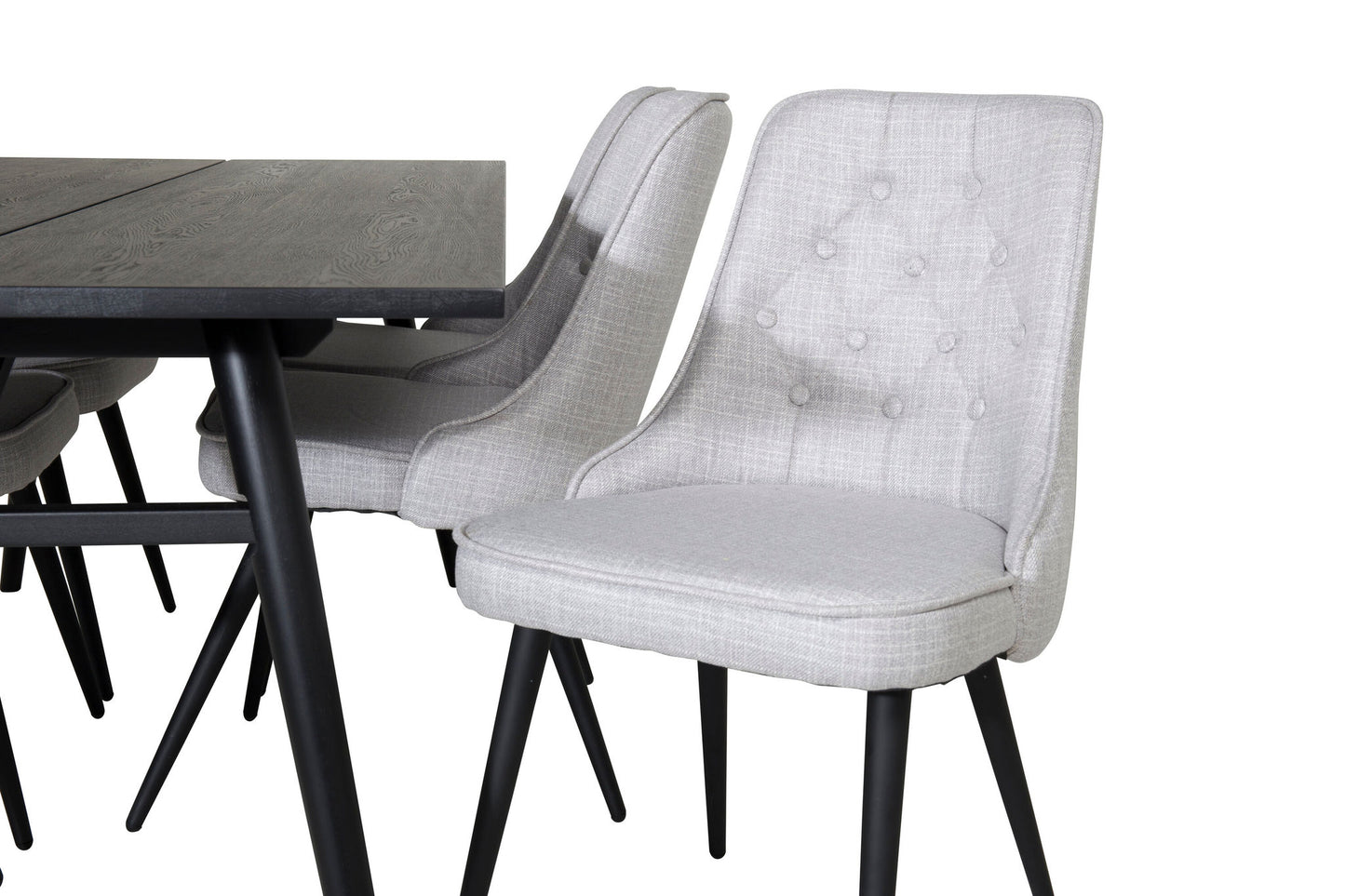 Sleek - Bord med forlængelse Sort Børstet - 195*95+ velour Deluxe Spisebordsstol - Sorte ben - Lysegråt stof