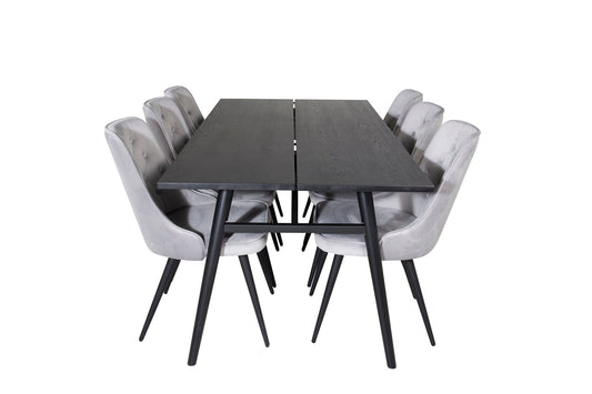 Sleek - Bord med forlængelse Sort Børstet - 195*95+ velour Deluxe Spisebordsstol - Lysegrå / Sort