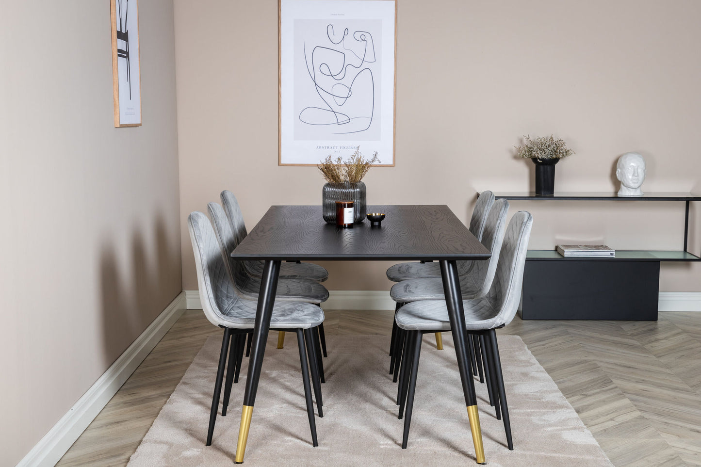 Dipp - Spisebord, 180*90cm - Sort Messing+ Polar Diamond Spisebordsstol - Sorte ben - Grå velour
