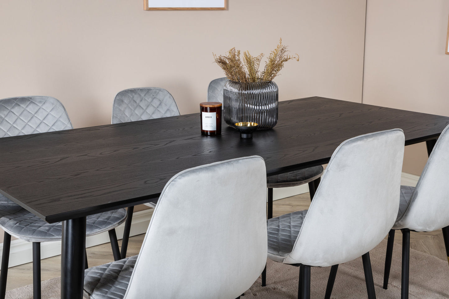 Dipp - Spisebord, 180*90cm - Sort Messing+ Polar Diamond Spisebordsstol - Sorte ben - Grå velour