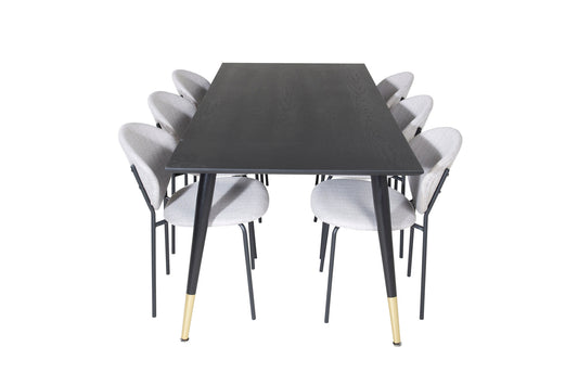 Dipp - Spisebord, 180*90cm - Sort Messing+Vault Spisebordsstol - Sorte ben - Gråt stof