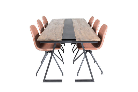 Jakarta - Spisebord, 200*90*H75 - Mørk Teak / Sort+ Polar Spisebordsstol med Spi function - sort ben - Brun PU - Hvide syninger
