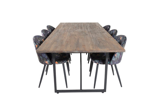 Padang - Spisebord, 250*100*H76 - Mørk Teak / Sort+ velour Spisebordsstol - Sort blomster stof