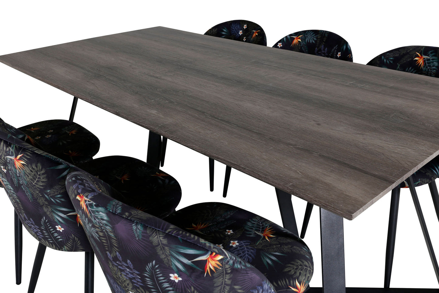 Maria - Spisebord, 180*90*H75 - Grå / Sort+ velour Spisebordsstol - Sort blomster stof