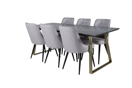Estelle - Spisebord, 200*90*H76 - Grå / Messing+ velour Deluxe Spisebordsstol - Sorte ben - Lysegråt stof