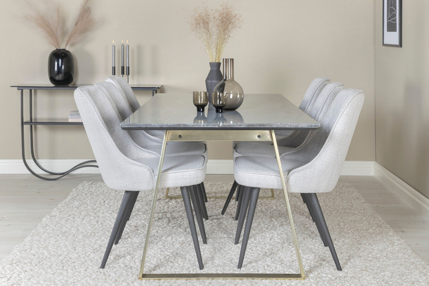 Estelle - Spisebord, 200*90*H76 - Grå / Messing+ velour Deluxe Spisebordsstol - Sorte ben - Lysegråt stof