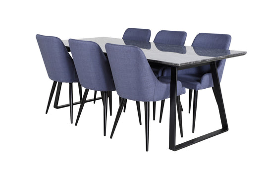 Estelle - Spisebord, 200*90*H76 - Sort+ Plaza Spisebordsstol - Sorte ben - Blåt stof