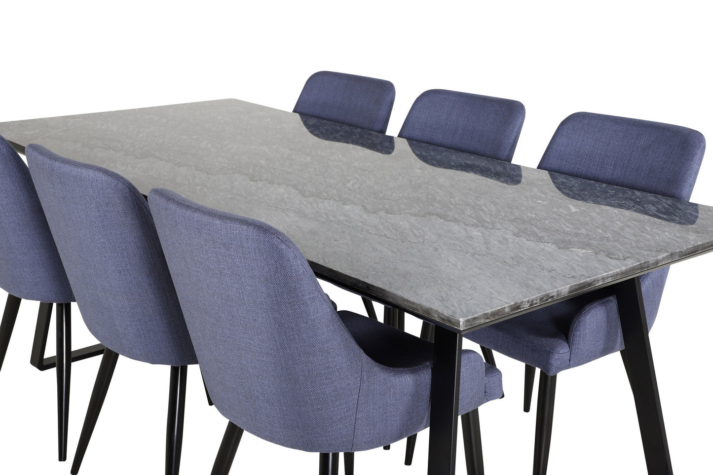 Estelle - Spisebord, 200*90*H76 - Sort+ Plaza Spisebordsstol - Sorte ben - Blåt stof