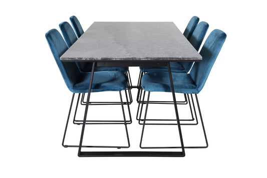 Estelle - Spisebord, 200*90*H76 - Sort+ Muce Spisebordsstol - Sorte ben - Blå velour
