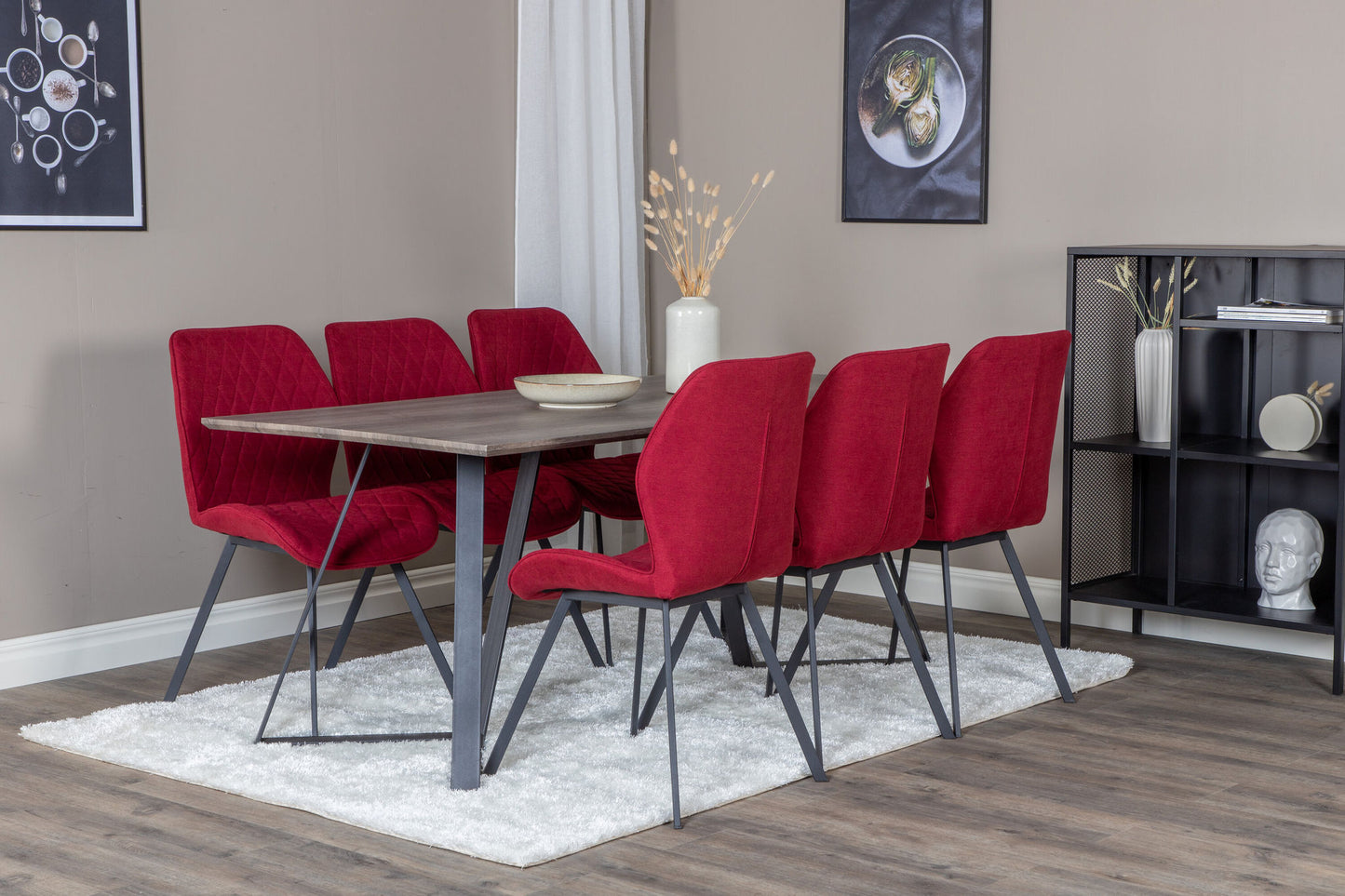 Maria - Spisebord, 180*90*H75 - Grå / Sort+Gemma Spisebordsstol - Sorte ben - Rødt stof