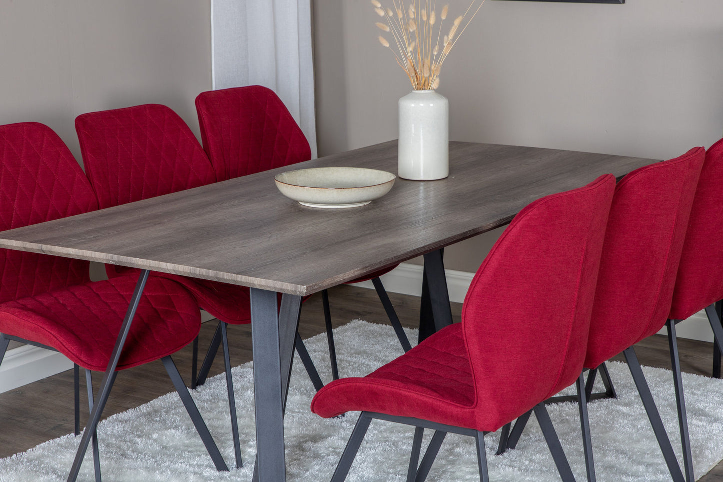 Maria - Spisebord, 180*90*H75 - Grå / Sort+Gemma Spisebordsstol - Sorte ben - Rødt stof