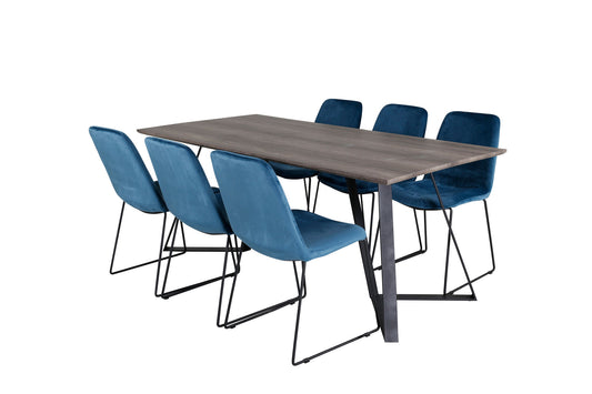 Maria - Spisebord, 180*90*H75 - Grå / Sort+ Muce Spisebordsstol - Sorte ben - Blå velour