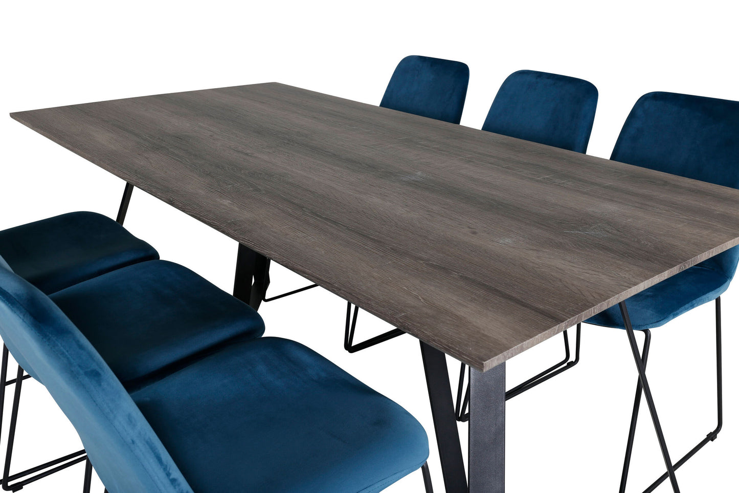 Maria - Spisebord, 180*90*H75 - Grå / Sort+ Muce Spisebordsstol - Sorte ben - Blå velour