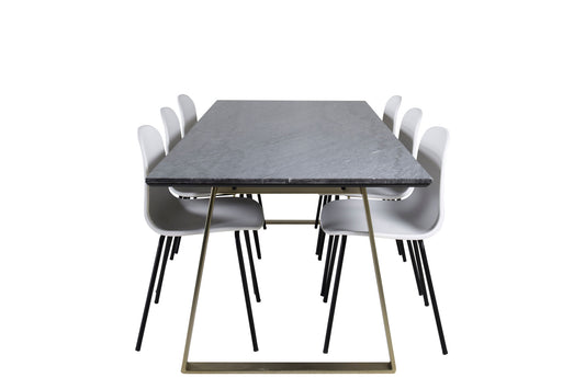 Estelle - Spisebord, 200*90*H76 - Grå / Messing+Arctic Spisebordsstol - Sorte ben - Hvid Plast