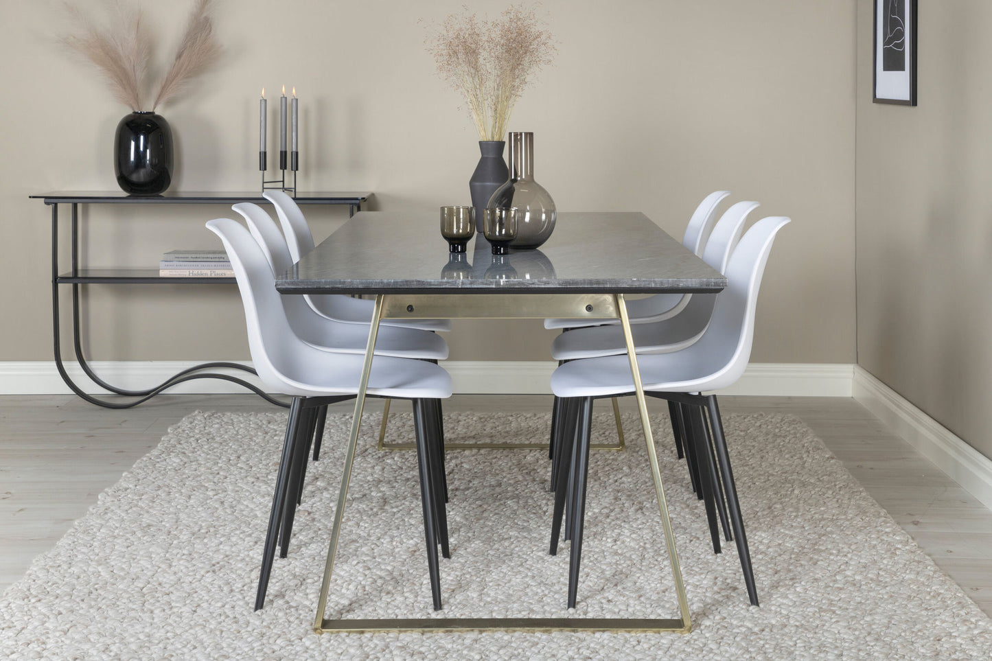 Estelle - Spisebord, 200*90*H76 - Grå / Messing+ Polar Plast Spisebordsstol - Sorte ben / Hvid Plast