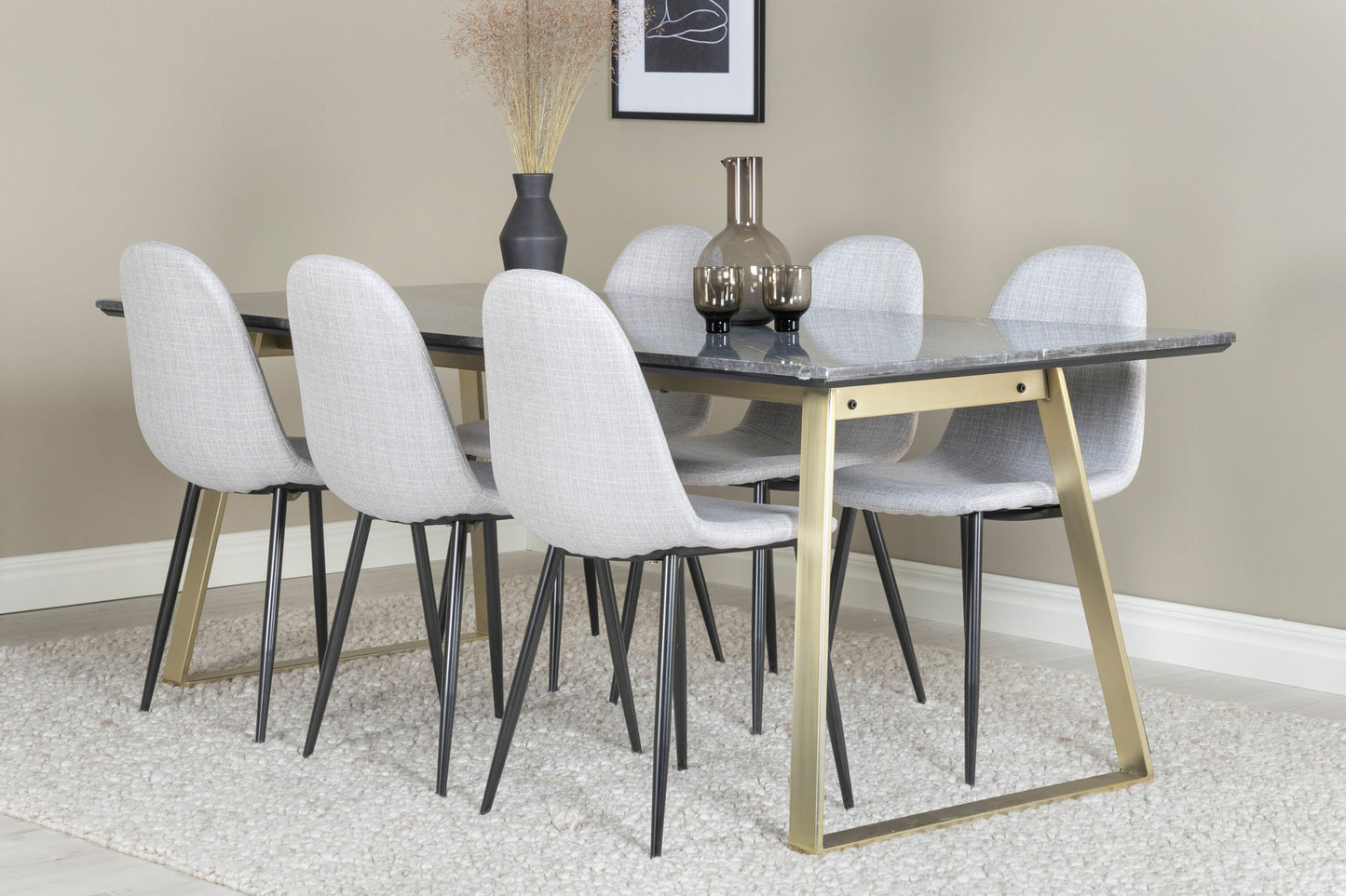 Estelle - Spisebord, 200*90*H76 - Grå / Messing+ Polar Spisebordsstol - Sorte ben - Lysegråt stof