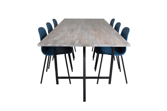 Jepara - Spisebord, 250*100*H76 - Grå /Sort+Arctic Spisebordsstol - Sorte ben - Blå Plast