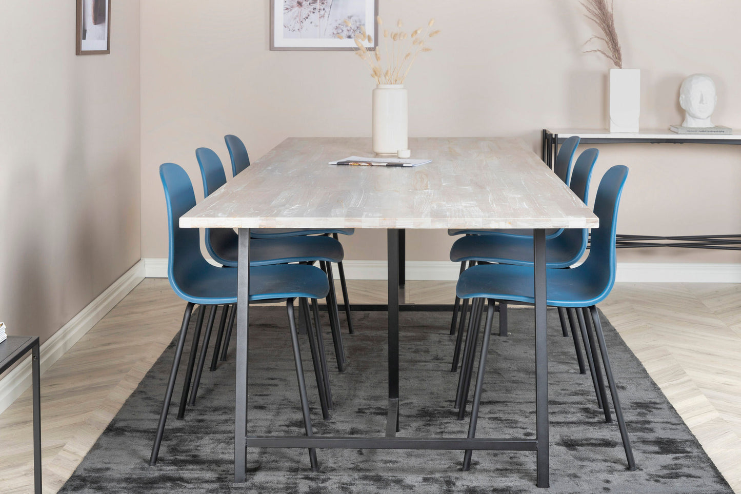 Jepara - Spisebord, 250*100*H76 - Grå /Sort+Arctic Spisebordsstol - Sorte ben - Blå Plast