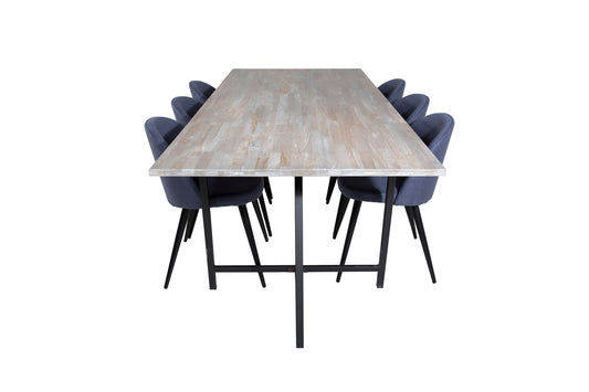 Jepara - Spisebord, 250*100*H76 - Grå /Sort+ velour Stol - Sorte ben - Blåt stof