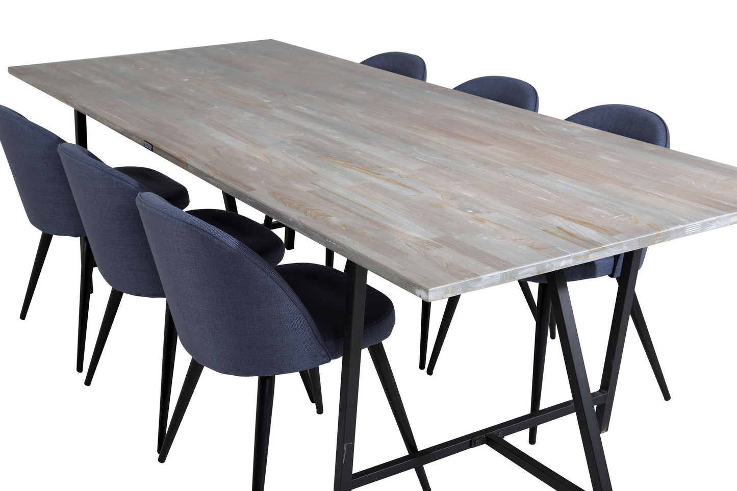 Jepara - Spisebord, 250*100*H76 - Grå /Sort+ velour Stol - Sorte ben - Blåt stof
