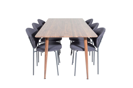 Polar - Spisebord, 180 cm - Valnød top - Valnød ben+Vault Spisebordsstol - Sorte ben - Sort Stof
