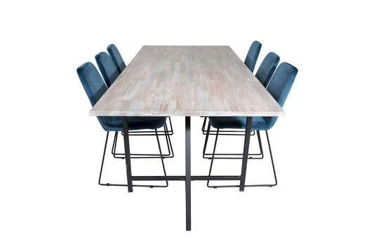 Jepara - Spisebord, 250*100*H76 - Grå /Sort+ Muce Spisebordsstol - Sorte ben - Blå velour
