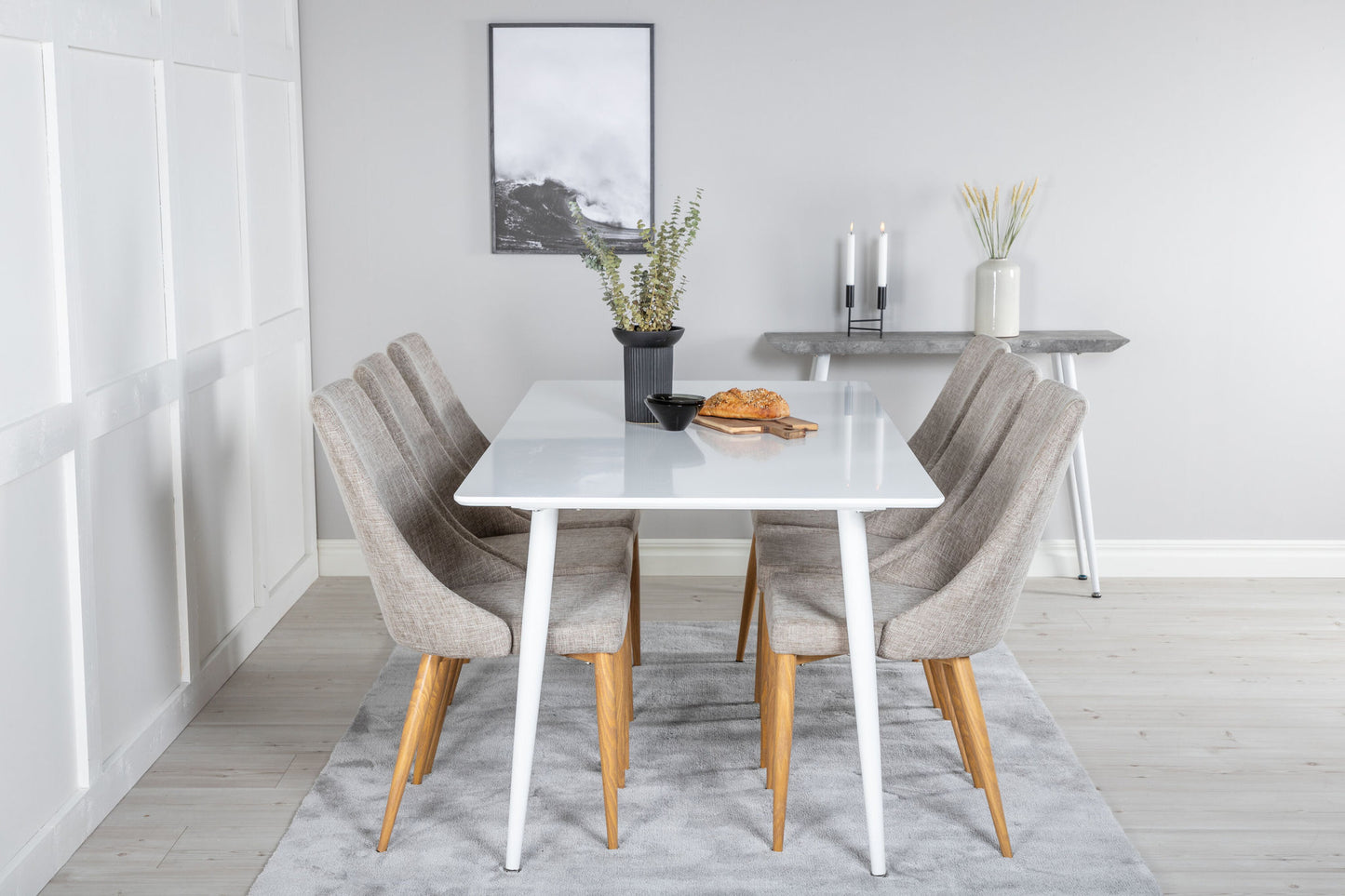 Polar Spisebord 180 cm - Hvid top / Hvide ben+Leone Spisebordsstol - Lysegrå / Eg