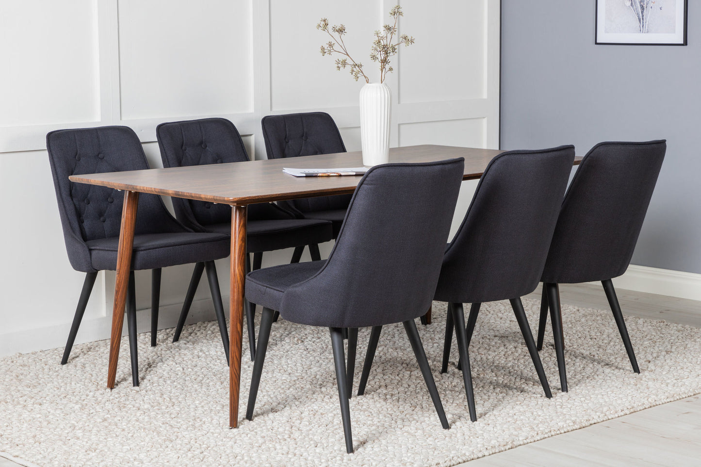 Polar - Spisebord, 180 cm - Valnød top - Valnød ben+ velour Deluxe Spisebordsstol - Sorte ben - Sort Stof