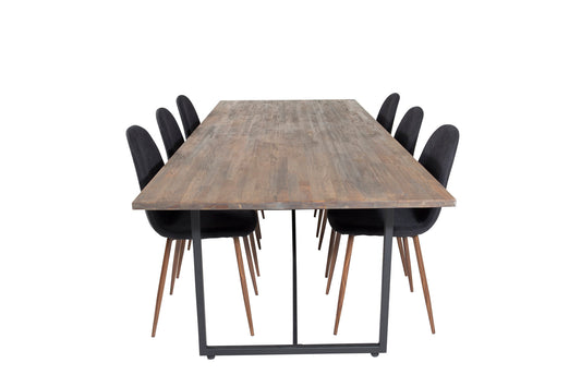 Padang - Spisebord, 250*100*H76 - Mørk Teak / Sort+ Polar Spisebordsstol - Valnød ben - Sort Stof
