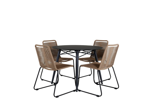 Santorini Spisebord ø 100 - sort alu / grå glas+Lidos Stabelbar stol - Sort Alu / Latte Reb