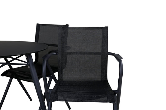 Santorini Spisebord ø 100 - sort alu / grå glas+Alia Spisebordsstol - Sort Alu / Sort Tekstil