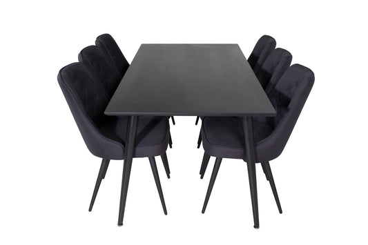 Dipp - Spisebord, 180*90cm - Sort finér / helt sorte ben + velour Deluxe Spisebordsstol - Sorte ben - Sort Stof