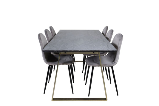Estelle - Spisebord, 200*90*H76 - Grå / Messing+ Polar Spisebordsstol - Sorte ben / Lysegrå velour
