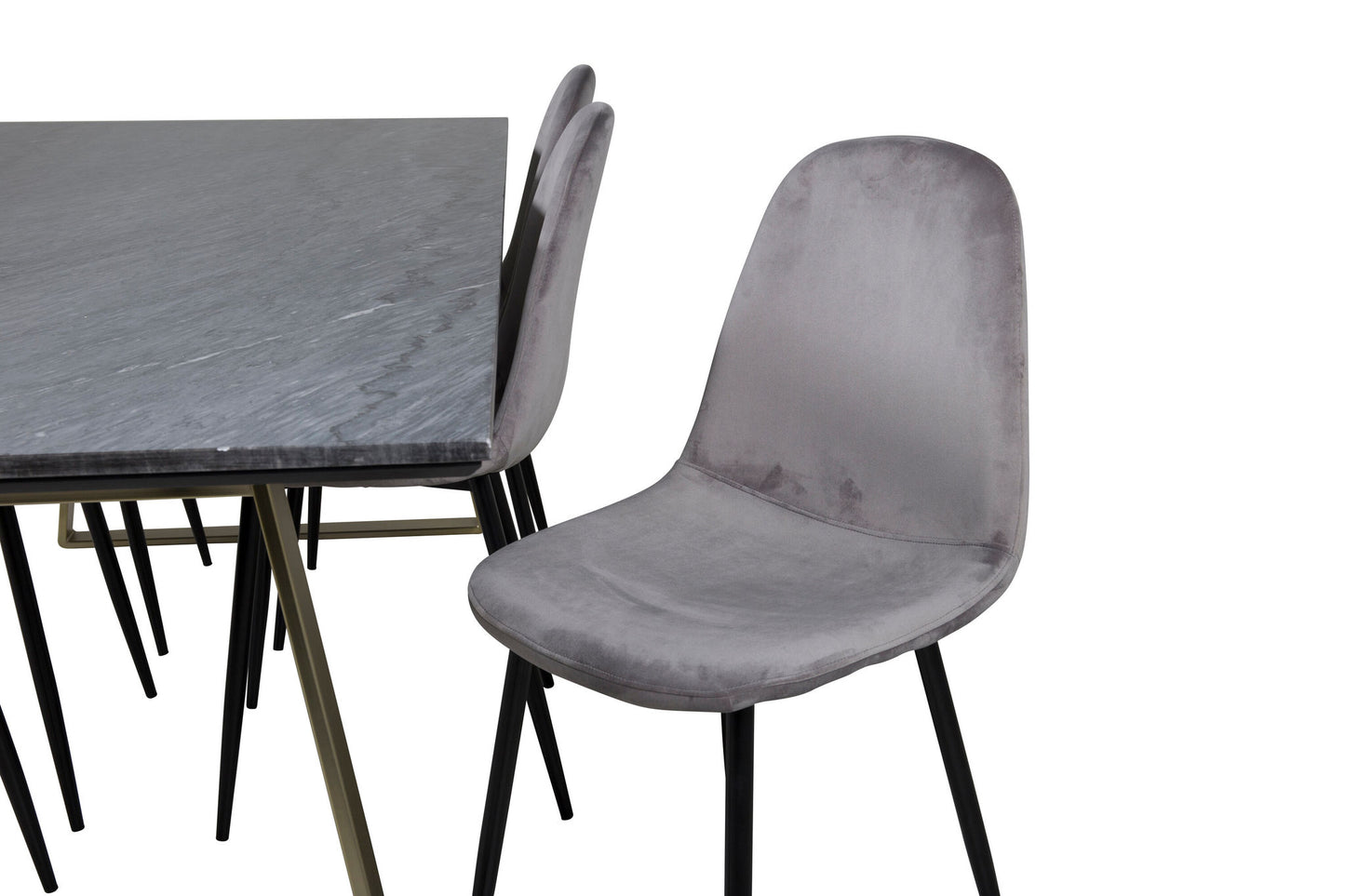 Estelle - Spisebord, 200*90*H76 - Grå / Messing+ Polar Spisebordsstol - Sorte ben / Lysegrå velour