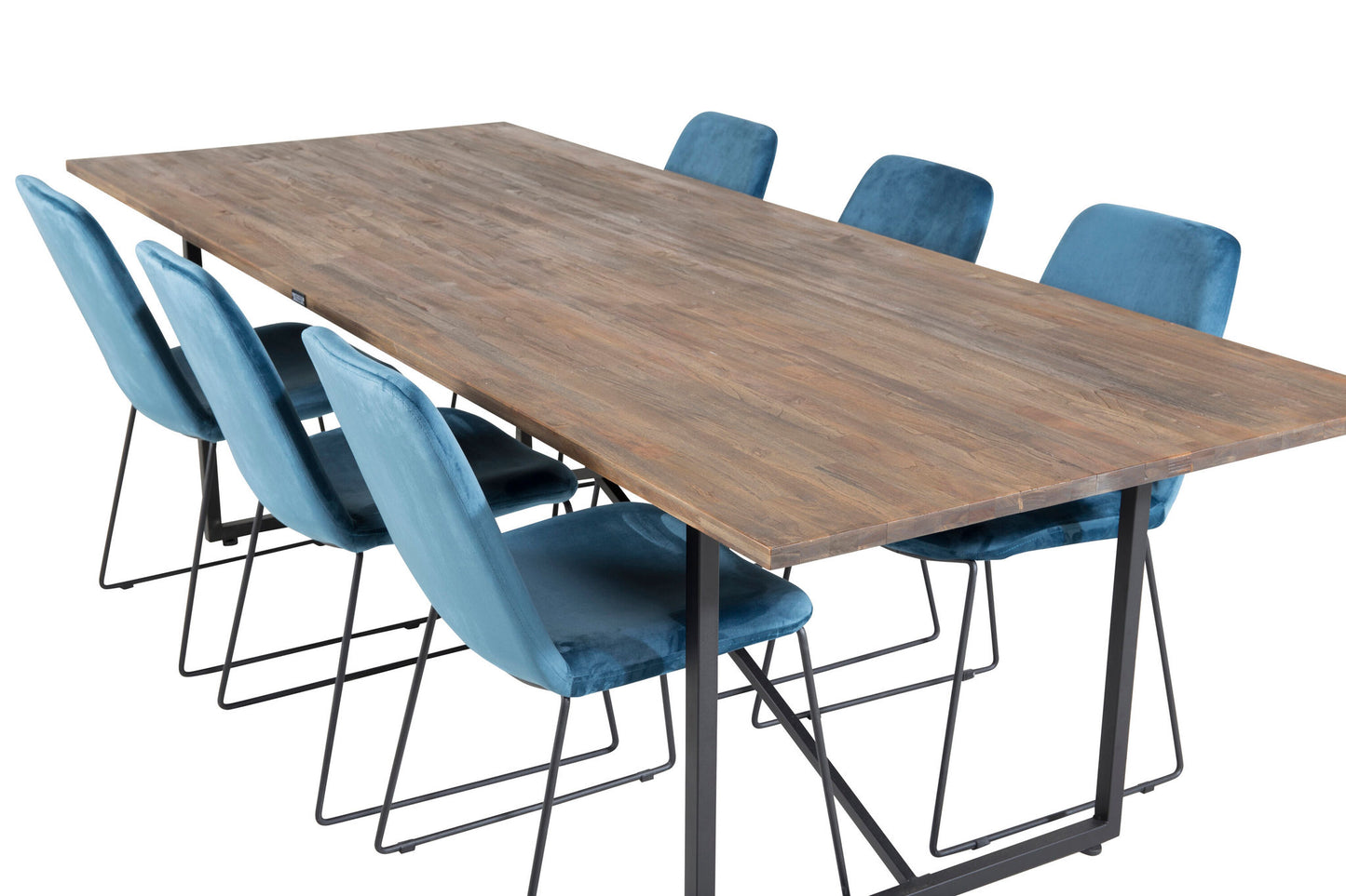 Padang - Spisebord, 250*100*H76 - Mørk Teak / Sort+ Muce Spisebordsstol - Sorte ben - Blå velour