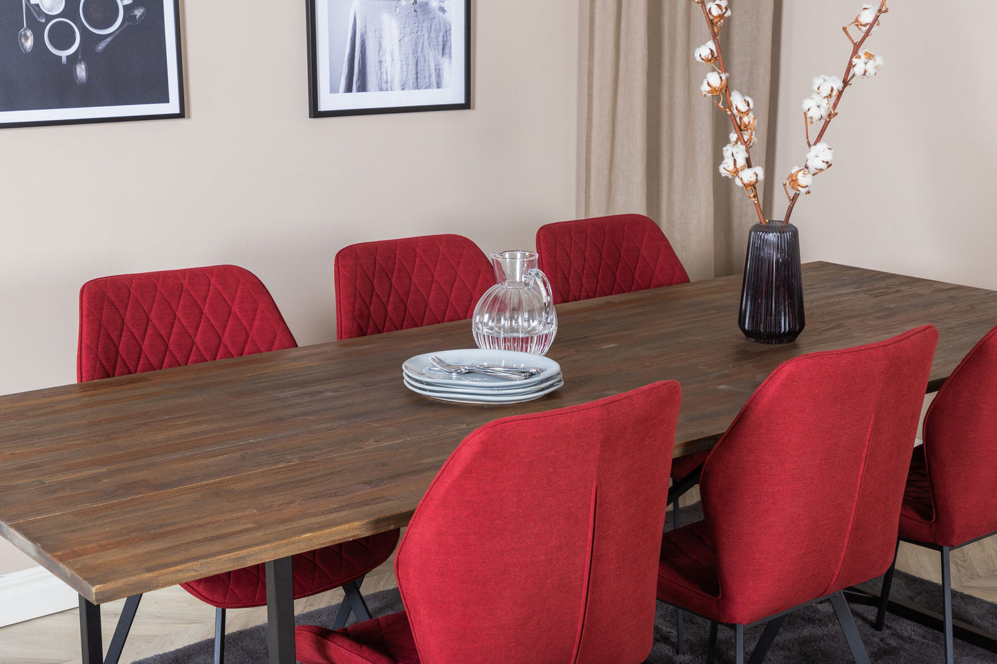 Padang - Spisebord, 250*100*H76 - Mørk Teak / Sort+Gemma Spisebordsstol - Sorte ben - Rødt stof