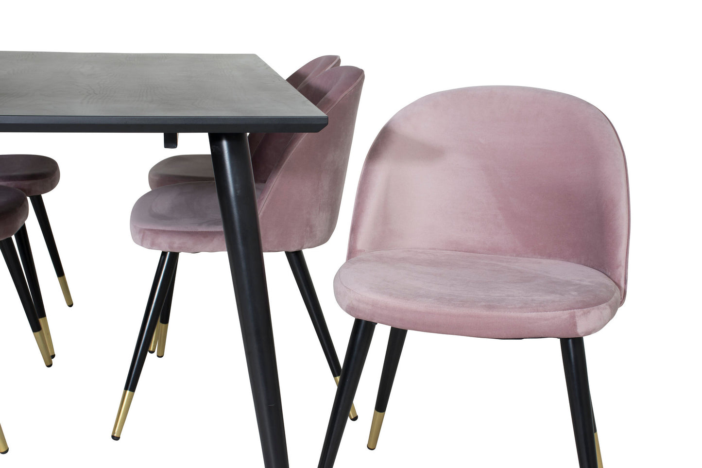Dipp - Spisebord, 180*90cm - Sort finér / helt sorte ben + velour Spisebordsstol Messing - Pink / Sort