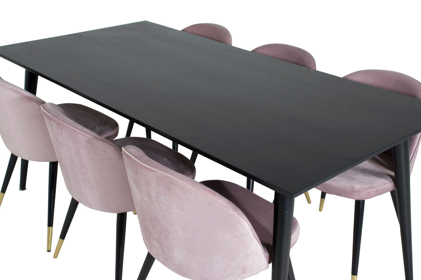 Dipp - Spisebord, 180*90cm - Sort finér / helt sorte ben + velour Spisebordsstol Messing - Pink / Sort