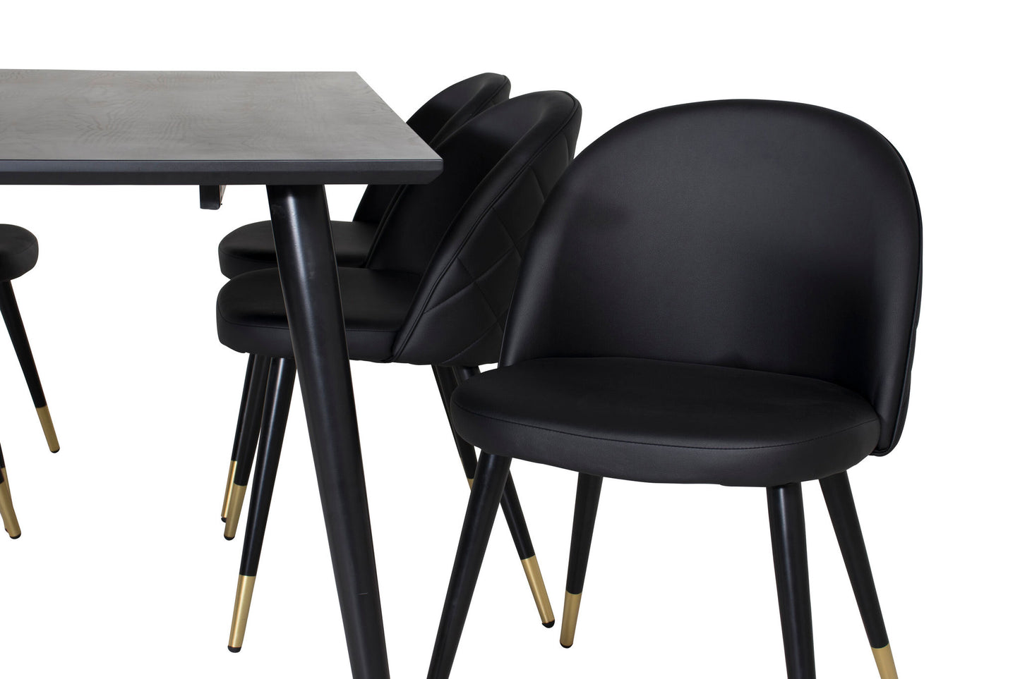 Dipp - Spisebord, 180*90cm - Sort finér / helt sorte ben + velour Spisebordsstol m. syninger - PU - Sort