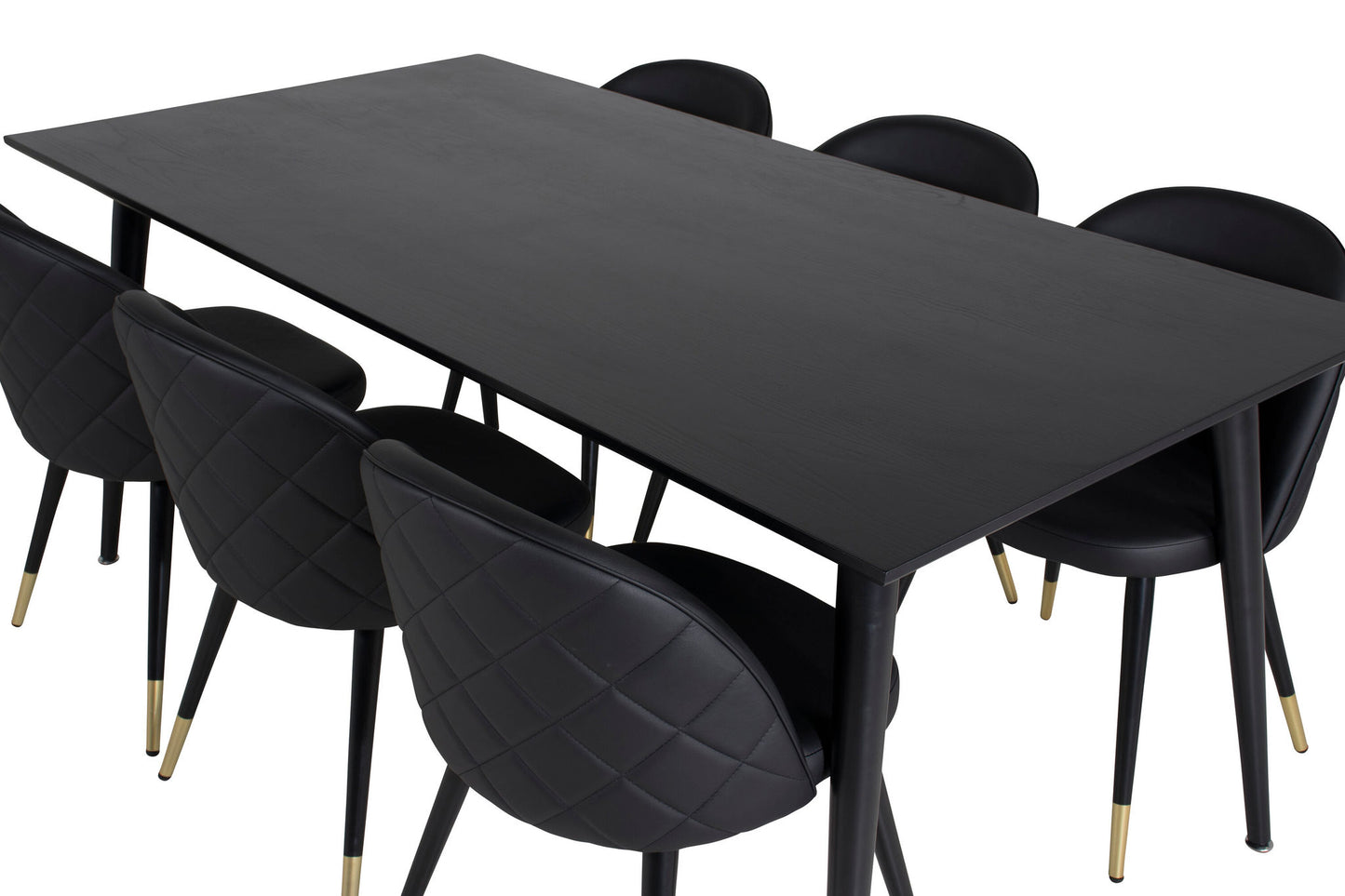 Dipp - Spisebord, 180*90cm - Sort finér / helt sorte ben + velour Spisebordsstol m. syninger - PU - Sort